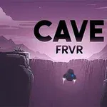 Një peizazh i një shpelle në sfond vjollcë me një anije kozmike që fluturon midis dy shkëmbinjve dhe teksti CAVE FRVR në krye