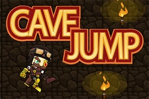 Një personazh vizatimor me një kostum eksploruesi dhe llamba në sfond shfaqet pranë fjalëve Cave Jump