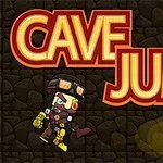 Një personazh vizatimor me një kostum eksploruesi dhe llamba në sfond shfaqet pranë fjalëve Cave Jump