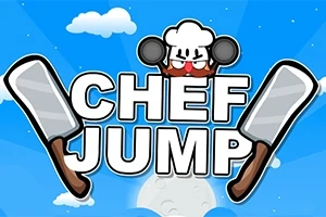 Një sfond blu me re dhe hënë, ku shihet një personazh shef kuzhine me kapele dhe dy thika të mëdha anash tekstit Chef Jump