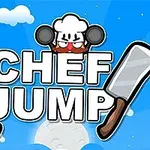 Një sfond blu me re dhe hënë, ku shihet një personazh shef kuzhine me kapele dhe dy thika të mëdha anash tekstit Chef Jump
