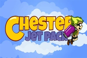 Titulli Chester Jet Pack me një personazh me flokë të gjelbër dhe syze duke përdorur një jetpack në sfondin e qiellit me re