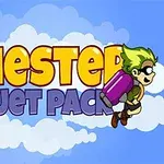 Titulli Chester Jet Pack me një personazh me flokë të gjelbër dhe syze duke përdorur një jetpack në sfondin e qiellit me re