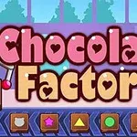 Teksti Chocolate Factory i rrethuar me zemra dhe forma në një sfond fabrike shumëngjyrëshe