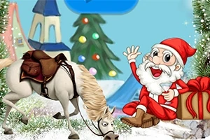 Bora dhe zbukurimet festive rrethojnë një kalë dhe një figurë të lumtur të babagjyshit pranë një paketimi dhuratë
