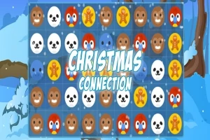 Një rrjetë me figura dimërore si biskota, fytyra kafshësh dhe titullin Christmas Connection mbi sfondin me dëborë dhe pemë