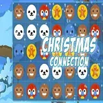 Një rrjetë me figura dimërore si biskota, fytyra kafshësh dhe titullin Christmas Connection mbi sfondin me dëborë dhe pemë