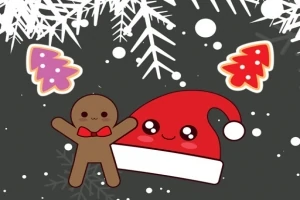 Biskotë njeri me papion të kuq dhe kapelë Krishtlindjeje me fytyrë të lumtur në sfond me dëborë dhe zbukurime festive