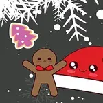Biskotë njeri me papion të kuq dhe kapelë Krishtlindjeje me fytyrë të lumtur në sfond me dëborë dhe zbukurime festive