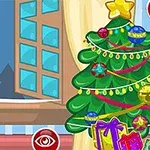 Një vajzë e veshur me kostum festiv dhe një pemë e zbukuruar për Krishtlindje me dritare të mbuluara nga dëbora në sfond