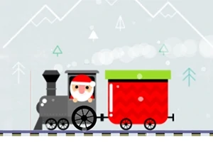 Tren i vogël me fytyrën e Babagjyshit dhe një karro të kuqe me kapak jeshil në sfond dimëror me male