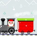 Tren i vogël me fytyrën e Babagjyshit dhe një karro të kuqe me kapak jeshil në sfond dimëror me male