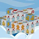 Kube me figura festive si njerëz dëbore, xhenxhefilë, rrufe dhe zile ndaj një sfondi blu me motive dimërore