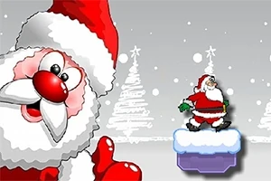 Një personazh i veshur si Santa Claus qëndron mbi një platformë me dëborë, me sfond pemë të bardha të Krishtlindjes
