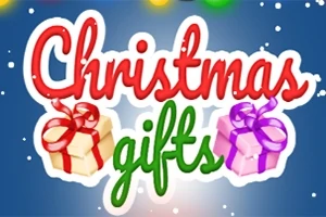 Teksti Christmas gifts me dy dhurata me fjongo të kuqe dhe vjollcë në sfond blu me borë