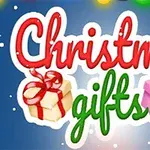 Teksti Christmas gifts me dy dhurata me fjongo të kuqe dhe vjollcë në sfond blu me borë