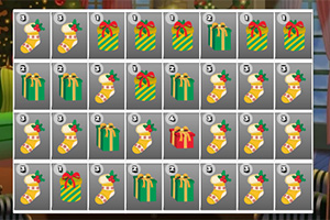 Rreshta dhe kolona me dhurata festive dhe çorape Krishtlindjesh në një rrjetë gri