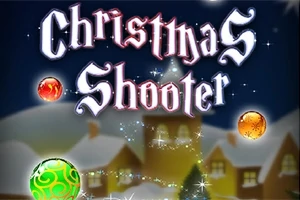 Shfaqen fjalët Christmas Shooter mbi një peizazh dimëror natën, me shtëpi të mbuluara me dëborë dhe dekorime festive