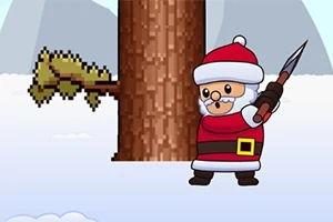 Një personazh veshur si Santa Claus me një sëpatë në dorë pranë një peme të madhe në një mjedis dimëror