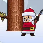 Një personazh veshur si Santa Claus me një sëpatë në dorë pranë një peme të madhe në një mjedis dimëror