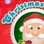 Santa me kapelë të kuqe dhe mjekër të bardhë në një sfond festiv të kuq, i rrethuar nga dhurata dhe elemente të ndryshme të Krishtlindjes