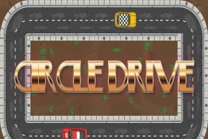 Pamje nga një pistë garash në formë drejtkëndore me dy makina dhe tekstin Circle Drive
