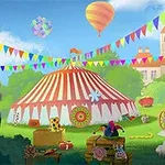 Një skenë festive me një tendë me vija të kuqe dhe të bardha në një kopsht, e rrethuar nga dekorime shumëngjyrëshe, lodra dhe një statujë