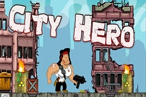 Një burrë muskulor me bandana të kuqe dhe armë qëndron në mes të ndërtesave të shkatërruara me fuçi që digjen, me mbishkrimin City Hero