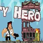 Një burrë muskulor me bandana të kuqe dhe armë qëndron në mes të ndërtesave të shkatërruara me fuçi që digjen, me mbishkrimin City Hero