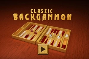Një plançetë tavoline me zara dhe gurë, me tekstin Classic Backgammon sipër dhe një buton luajtjeje në qendër