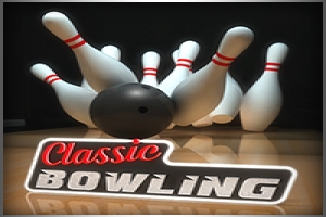 Toptha të bardha me shirita të kuq që rrëzohen nga një top i zi bowling në një pistë druri me mbishkrimin Classic Bowling