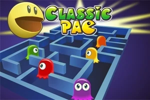Një labirint blu me fantazma shumëngjyrëshe dhe një top të verdhë që hap gojën, me tekstin Classic Pac në krye