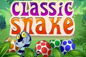 Një gjarpër i vizatuar me ngjyrë të kaltër dhe të bardhë midis vezëve me pika shumëngjyrëshe dhe barishteve, me tekstin classic snake në sfond
