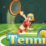 Një personazh vizatimor me veshje sportive, duke mbajtur një raketë tenisi, në një fushë tenisi me tekstin Tennis poshtë