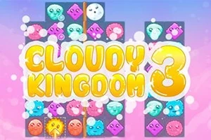 Grafika e një loje me sfond me ngjyra pastel dhe figura qesharake me fytyra të ndryshme dhe mbishkrimin Cloudy Kingdom 3