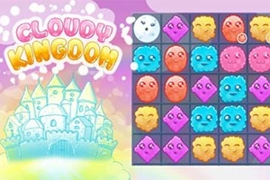 Logo me emrin Cloudy Kingdom dhe tabela me ikona shumëngjyrëshe të krijesave të ndryshme në sfond ngjyrash pastel