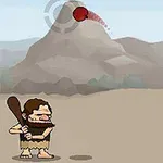Një njeri i veshur me rroba parahistorike mban një shkop druri, ndërsa një top fluturon në qiell përpara një mali në sfond