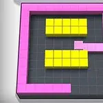 Një platformë e errët e rrjetëzuar me blloqe rozë që krijojnë një rrugë, e cila rrethon dy grupe blloqesh të verdha