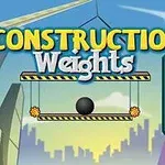 Tekst me grafika që tregon një top të zi mbi një platformë ndërtimi me sfond urban dhe titullin Construction Weights