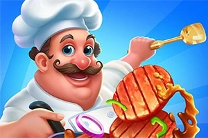 Kuzhinieri me një kapelë të bardhë buzëqesh ndërsa përgatit ushqim me një spatulë dhe një copë mishi përpara tij