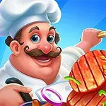 Kuzhinieri me një kapelë të bardhë buzëqesh ndërsa përgatit ushqim me një spatulë dhe një copë mishi përpara tij