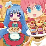 Tre personazhe anime me flokë ngjyra të ndritshme mbajnë pjatanca me ëmbëlsira të dekoruara me krem