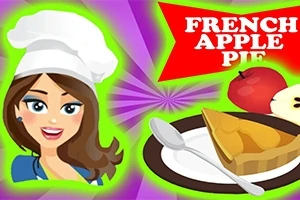 Një imazh me një grua me kapelë kuzhinieri, një tabelë që thotë French Apple Pie, një fetë byreku, një lugë dhe disa mollë në sfond të purpurt