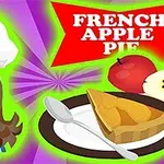 Një imazh me një grua me kapelë kuzhinieri, një tabelë që thotë French Apple Pie, një fetë byreku, një lugë dhe disa mollë në sfond të purpurt