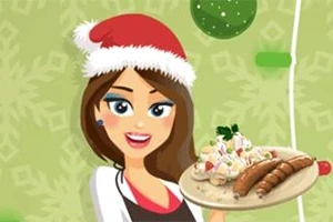 Një grua me kapelë festive të Krishtlindjeve, duke mbajtur një pjatë me ushqim që përmban sallatë dhe ushqim tjetër festiv