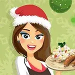 Një grua me kapelë festive të Krishtlindjeve, duke mbajtur një pjatë me ushqim që përmban sallatë dhe ushqim tjetër festiv