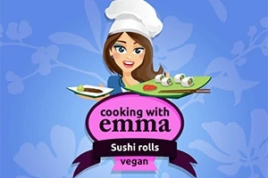 Një grua me kapelë kuzhinieri duke mbajtur pjatanca sushi me sfond të kaltër dhe mbishkrimet cooking with emma dhe sushi rolls vegan