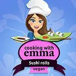 Një grua me kapelë kuzhinieri duke mbajtur pjatanca sushi me sfond të kaltër dhe mbishkrimet cooking with emma dhe sushi rolls vegan
