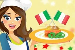 Një vajzë me uniformë kuzhinieri mban një pjatë me lazanjë dhe dy flamuj italianë në sfond të verdhë me yje