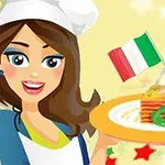 Një vajzë me uniformë kuzhinieri mban një pjatë me lazanjë dhe dy flamuj italianë në sfond të verdhë me yje